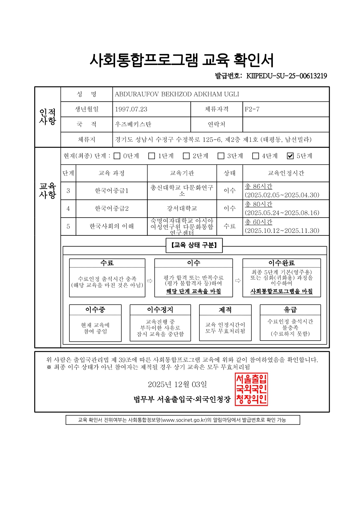KIIP 수료증